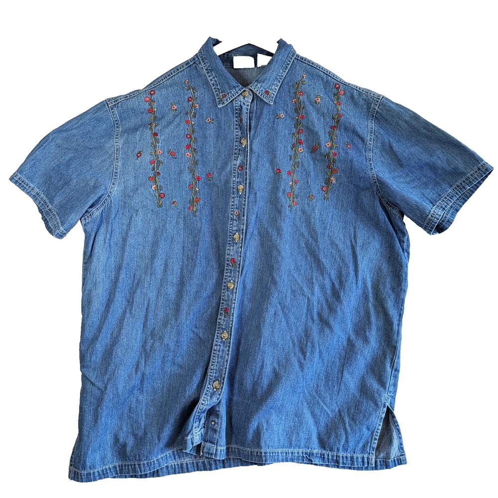 VTG BOBBIE BROOKS Embroidered Denim Shirt Floral Vines 16W 20W Button Up Roses